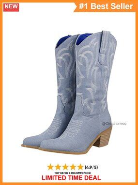 Embroidered Mid Calf Cowboy Boots Pull On Stacked Heel Western Booties